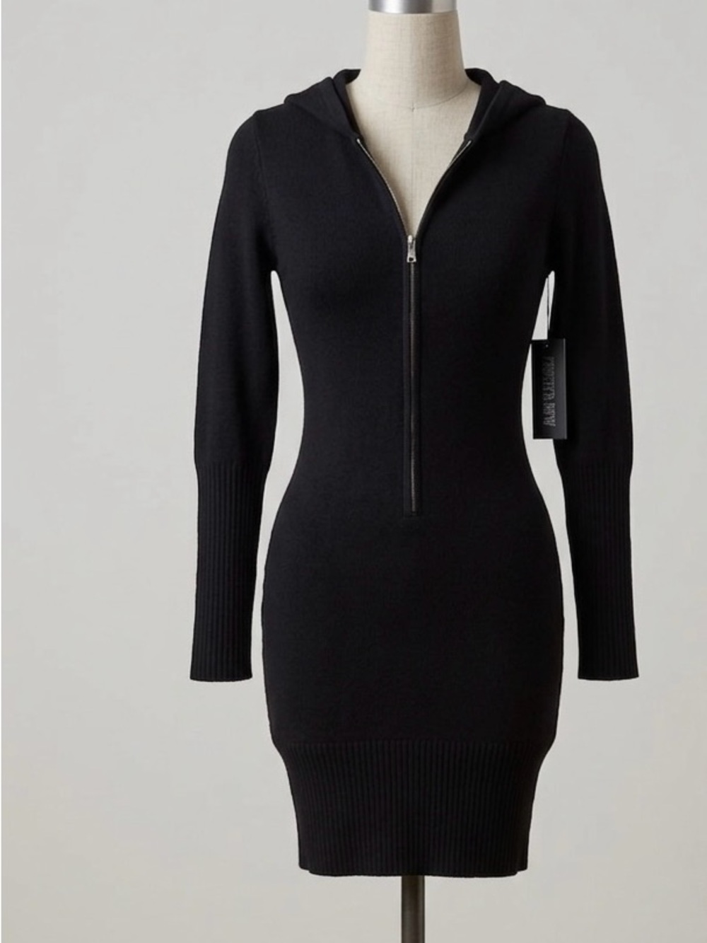 Derek Heart Black Hooded Zip-Front Rib Knit Dress